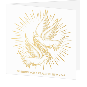Kerstkaart met gouden duiven en vredige nieuwjaarswens