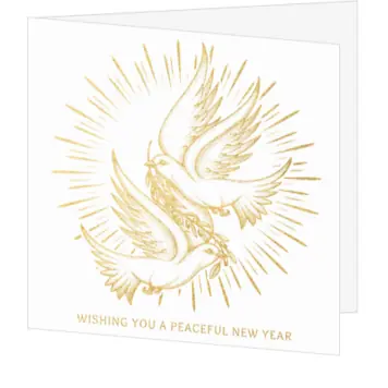 kerstkaart met gouden duiven en vredige nieuwjaarswens