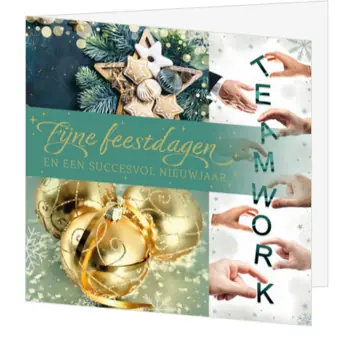 kerstkaart met teamwork en gouden kerstballen
