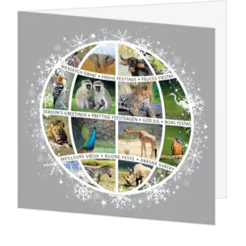 kerstkaart met wereldbol, sneeuwvlokken en dieren