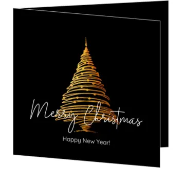 kerstkaart met goudkleurige kerstboom op zwarte achtergrond
