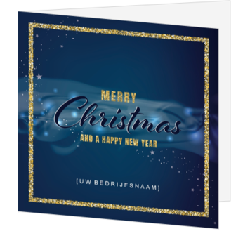 Kerstkaart met blauwe achtergrond en gouden gliterrand