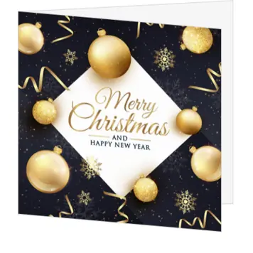 kerstkaart met gouden kerstballen en sneeuwkristallen