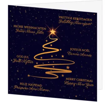 kerstkaart met gouden kerstboom en kerstwensen in verschillende talen