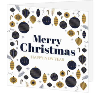 Kerstkaart met blauwe en gouden kerstballen