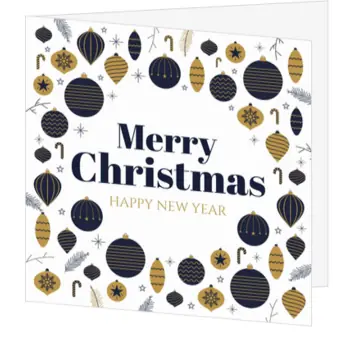 kerstkaart met blauwe en gouden kerstballen