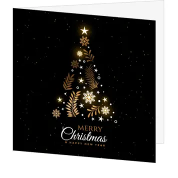 kerstkaart met gouden kerstboom op zwarte achtergrond
