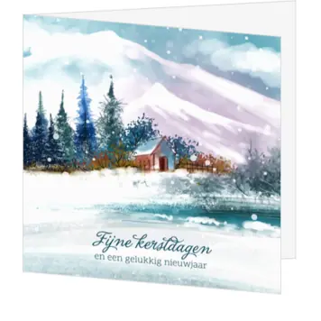 kerstkaart met winters berglandschap en huisje