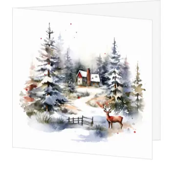 kerstkaart met geschilderd winterlandschap en rendier