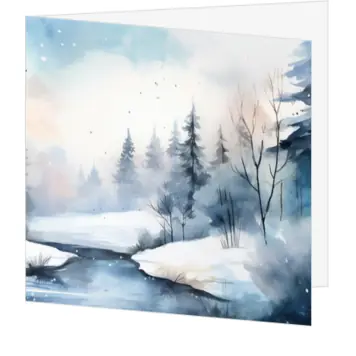 Kerstkaart met geschilderd winterlandschap in blauwtinten