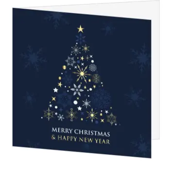 kerstkaart met blauwe en gouden kerstboom