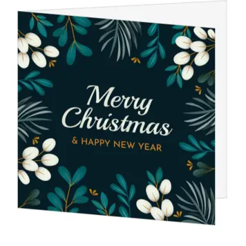 kerstkaart met groene bladeren en Merry Christmas