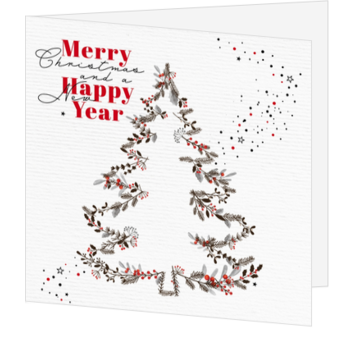 Kerstkaart met typografische kerstboom in rood en zwart