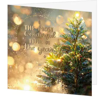 kerstkaart met sfeervolle kerstboom en gouden lichtjes