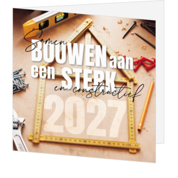 Kerstkaart met bouwthema en jaartal 2027