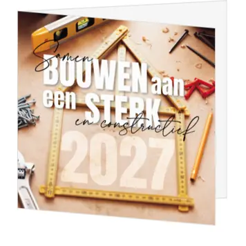 Kerstkaart met bouwthema en jaartal 2027