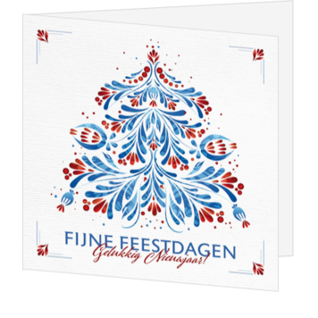 Kerstkaart met folkloristische kerstboom in blauw en rood