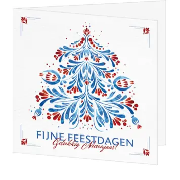 kerstkaart met folkloristische kerstboom in blauw en rood