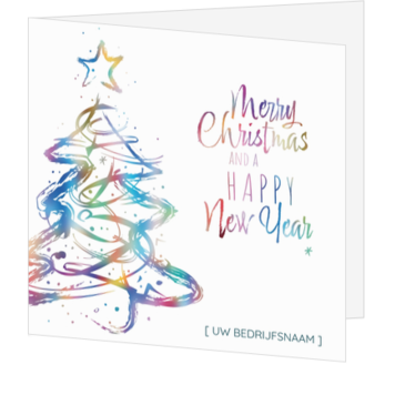 Kerstkaart met kleurrijke kerstboom en typografie