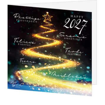 Kerstkaart met lichtgevende kerstboom en 2027