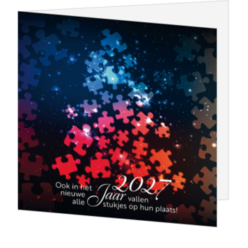Kerstkaart met puzzelstukjes en jaartal 2027