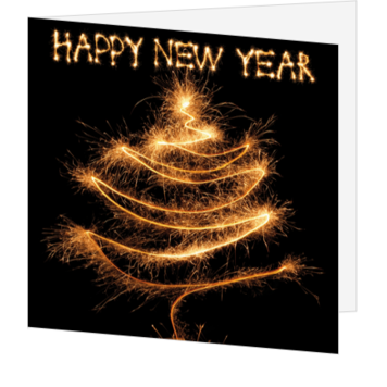 Kerstkaart met sprankelende kerstboom en Happy New Year