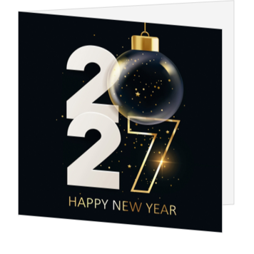 Kerstkaart met kerstbal en 2027 in goud en zwart