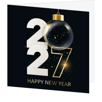 kerstkaart met kerstbal en 2027 in goud en zwart