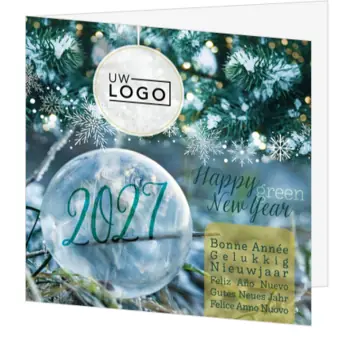 Kerstkaart met wintergroen en transparante kerstbal 2027