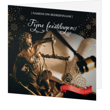 Kerstkaart met weegschaal, wetboek en gouden details