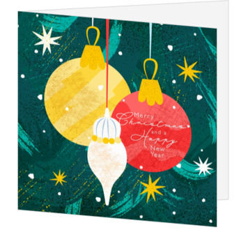 Kerstkaart met kleurrijke kerstballen en sterren
