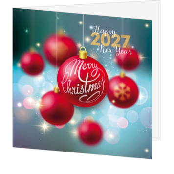 Kerstkaart met rode kerstballen en 2027