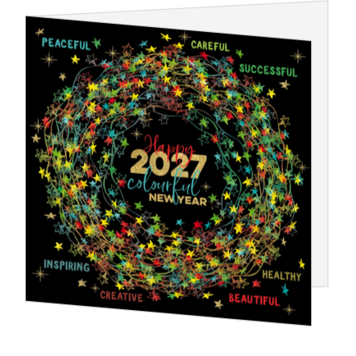 Kerstkaart met kleurrijke krans en 2027