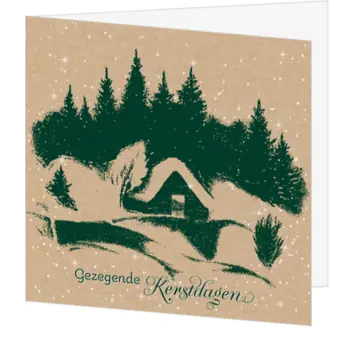 kerstkaart met winters landschap en chalet
