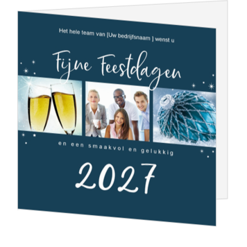 Kerstkaart met foto's, feestelijke donkerblauwe opmaak en 2027