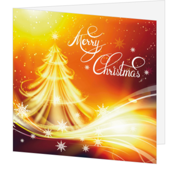 Kerstkaart met gouden kerstboom en Merry Christmas