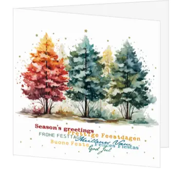 Internationale kerstkaart met geschilderde bomen