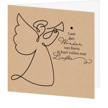 Kerstkaart met lijntekening van engel op kraft