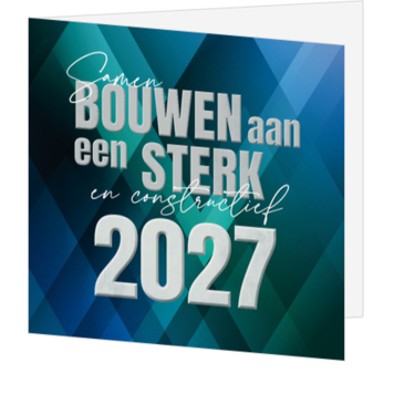 Kerstkaart 2027 met krachtige blauwe geometrische vormgeving