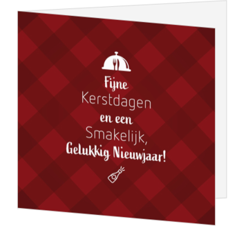 Kerstkaart met rood ruitpatroon en culinaire kerstgroet