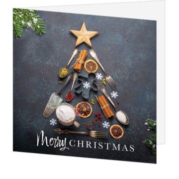 Kerstkaart met culinaire kerstboom en Merry Christmas