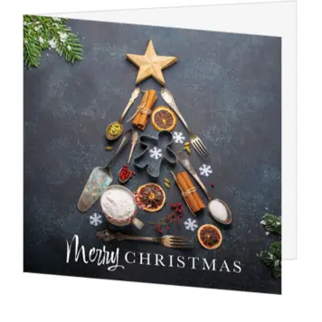 kerstkaart met culinaire kerstboom en Merry Christmas