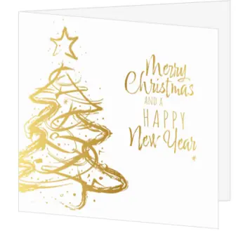kerstkaart met goudfolie en kerstboom