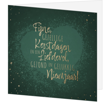 Kerstkaart met groene achtergrond en gouden typografie