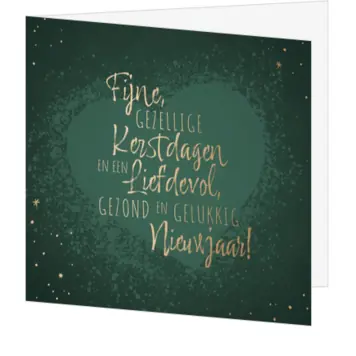 Kerstkaart met groene achtergrond en gouden typografie
