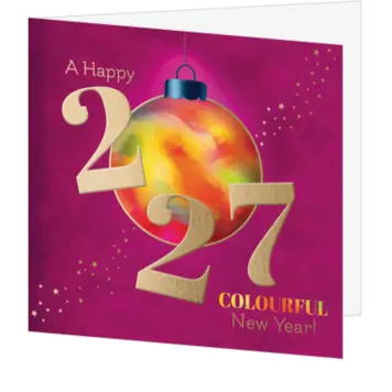 Kerstkaart met kleurrijke kerstbal en 2027