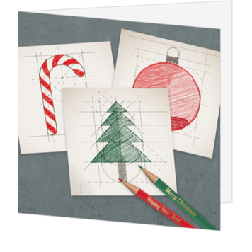 Kerstkaart met getekende kerstfiguren op ruitpapier