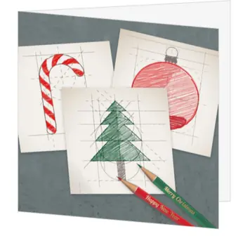 kerstkaart met getekende kerstfiguren op ruitpapier