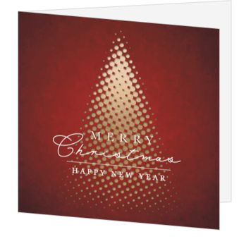 Kerstkaart met gouden kerstboom op rode achtergrond
