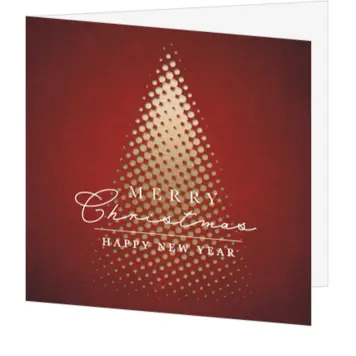 Kerstkaart met gouden kerstboom op rode achtergrond